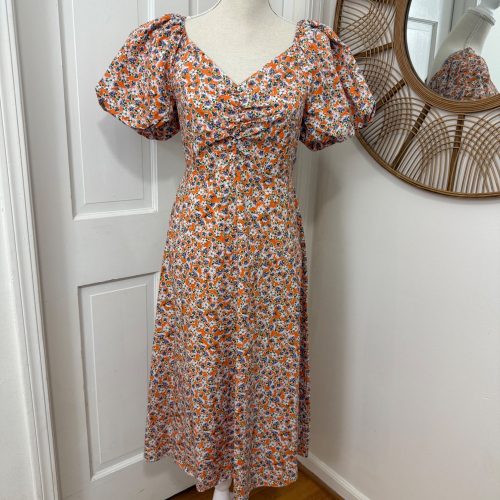 Urban Revivo Floral‎ Midi Dress 8 Romantic Puff Sleeve Ruched Boho Cottagecore